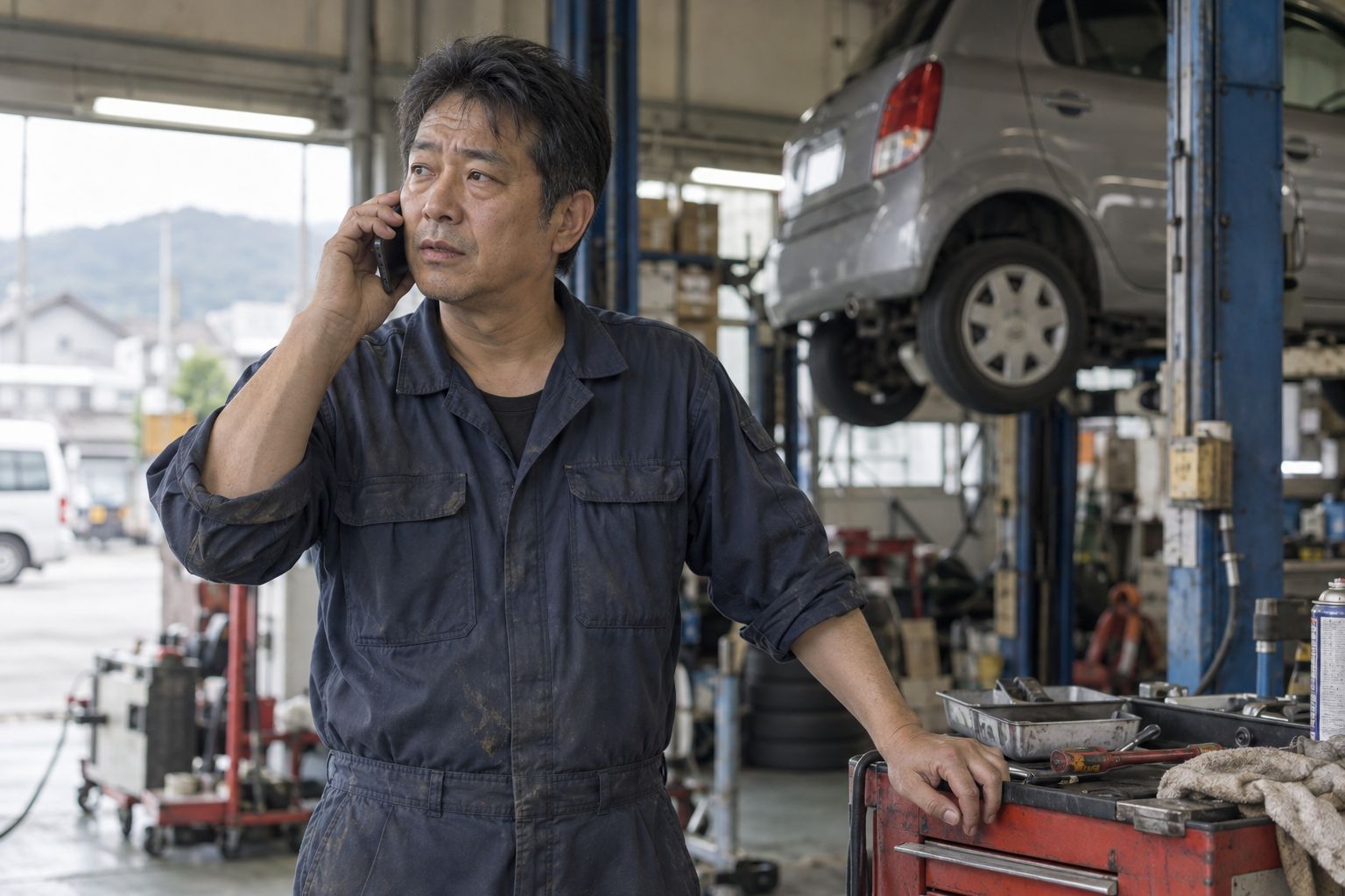 整備工場でお客様と電話している整備士(AI生成のイメージ)